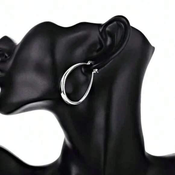 SILVER 925 41 mm Drop Shape Hoop Earrings - Picture 2 of 4